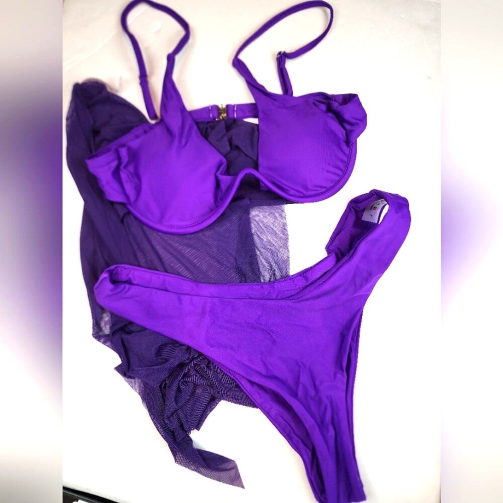 New 3 Piece‎ Purple Bikini & Wrap Sexy Swimsuit Women's Size L